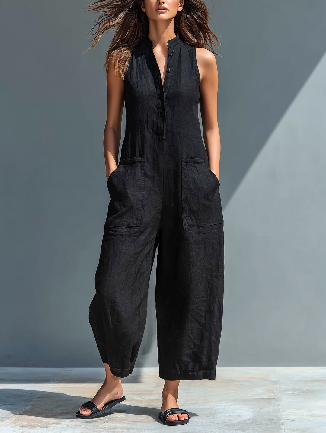Damen Linen Jumpsuit ärmellos Stehkragen Knopfleiste - Black