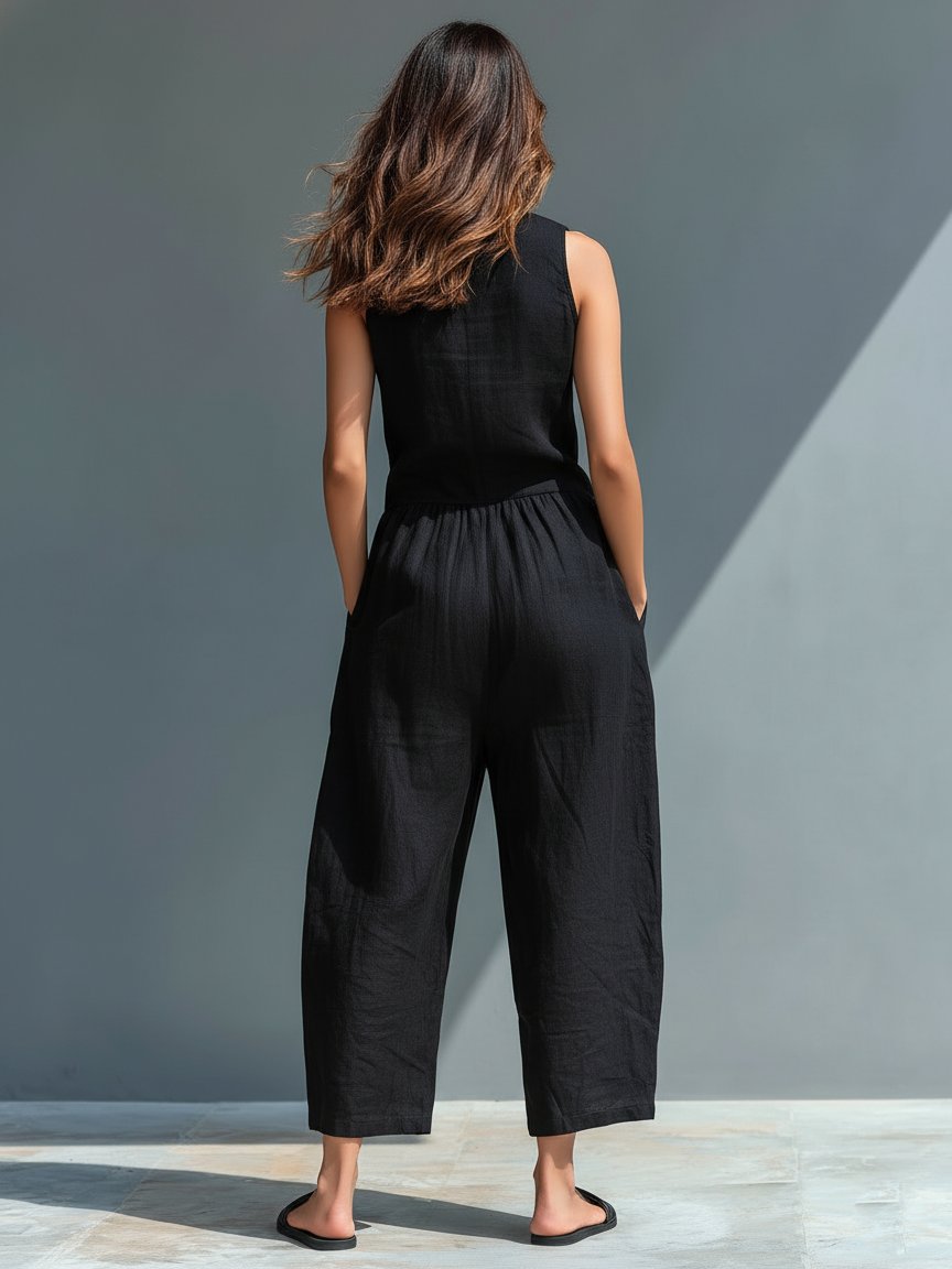 Damen Linen Jumpsuit ärmellos Stehkragen Knopfleiste