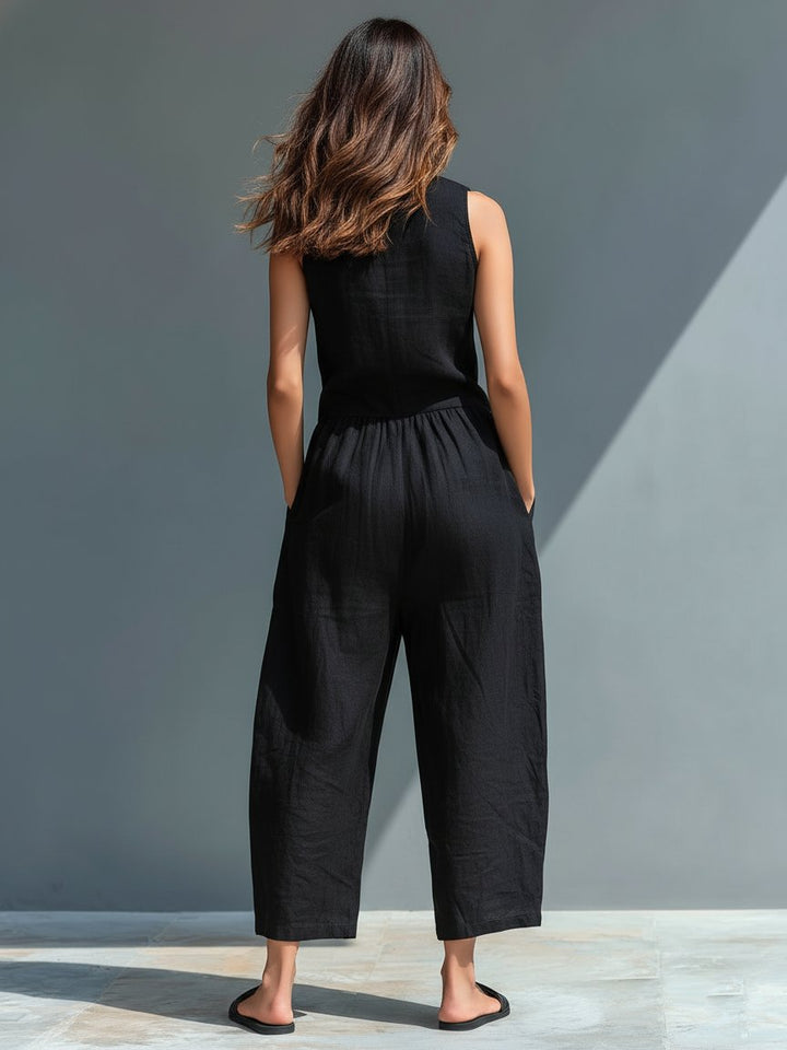 Damen Linen Jumpsuit ärmellos Stehkragen Knopfleiste