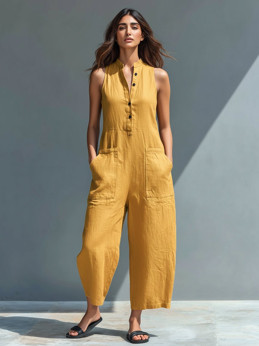 Damen Linen Jumpsuit ärmellos Stehkragen Knopfleiste - Yellow