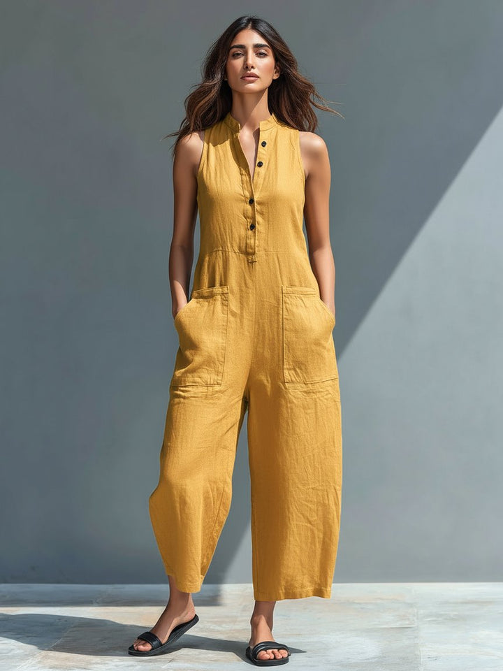 Damen Linen Jumpsuit ärmellos Stehkragen Knopfleiste - Yellow