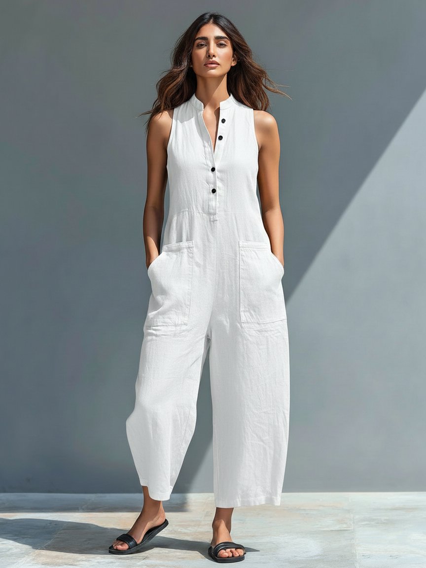 Damen Linen Jumpsuit ärmellos Stehkragen Knopfleiste - White