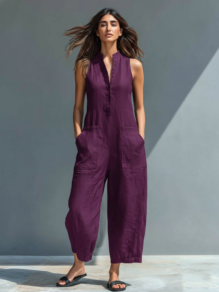Damen Linen Jumpsuit ärmellos Stehkragen Knopfleiste - Purple