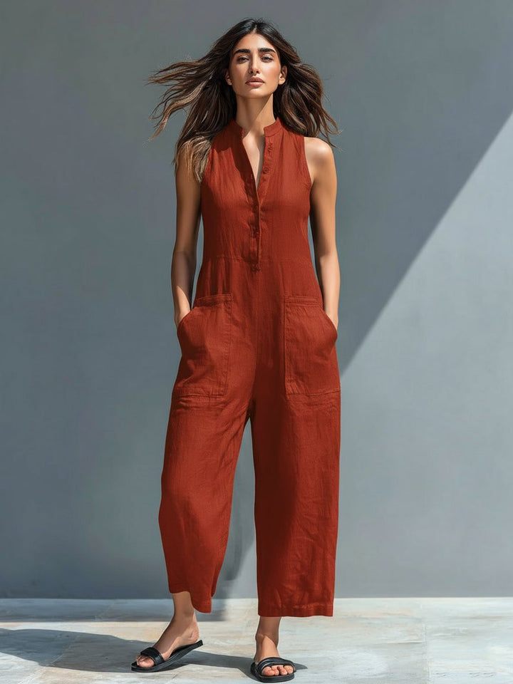 Damen Linen Jumpsuit ärmellos Stehkragen Knopfleiste - Rust Red