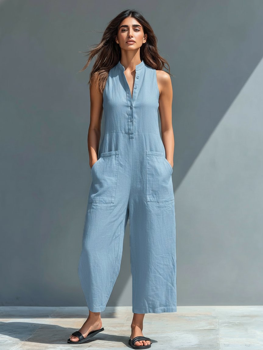 Damen Linen Jumpsuit ärmellos Stehkragen Knopfleiste - Blue