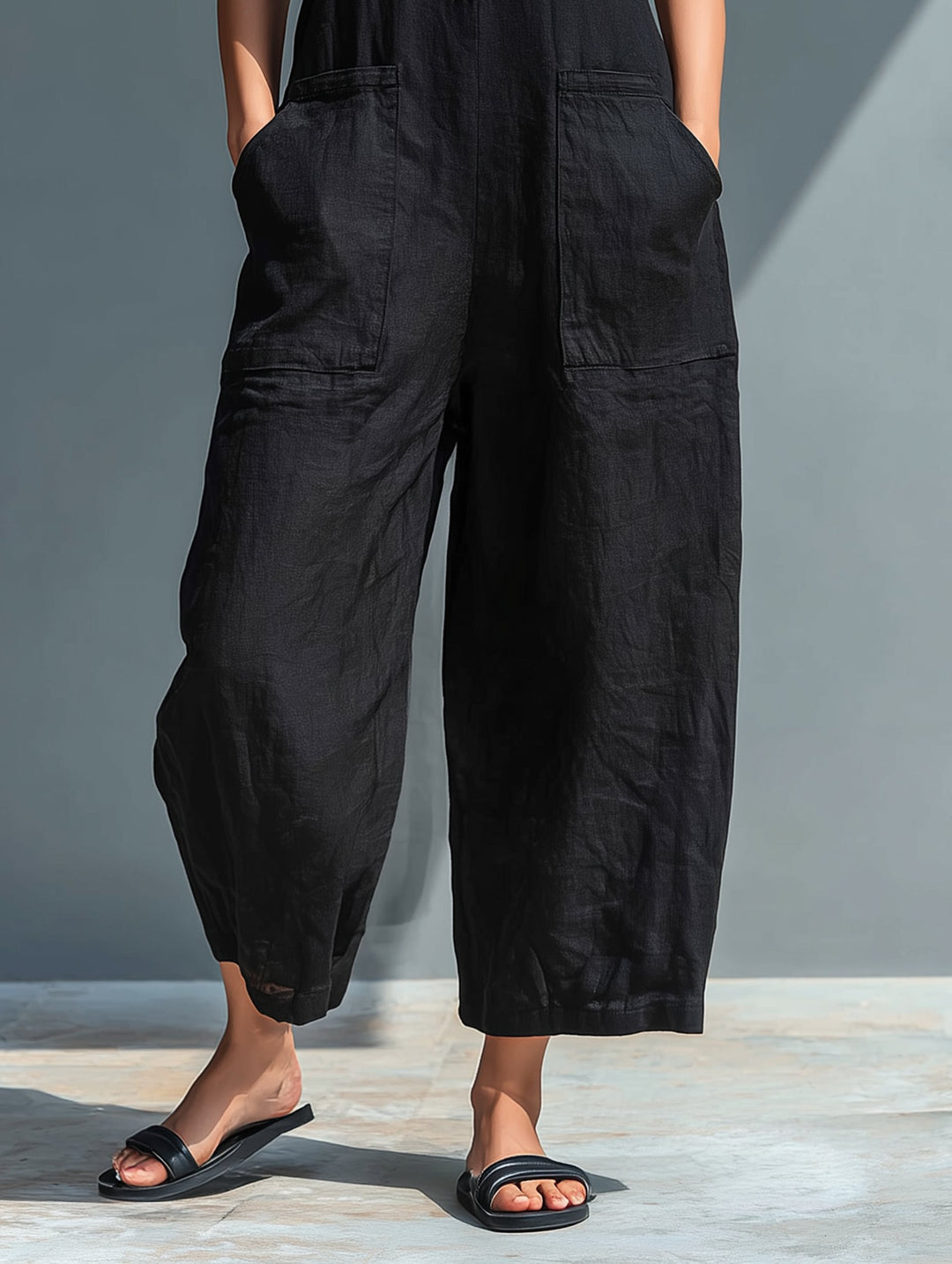 Damen Linen Jumpsuit ärmellos Stehkragen Knopfleiste
