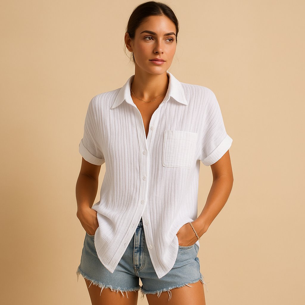 Damen Linen-Look Kurzarm Hemdbluse mit Brusttasche