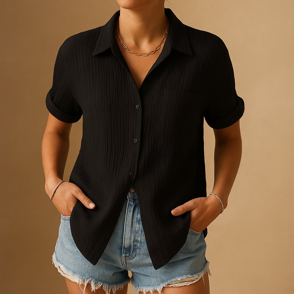 Damen Linen-Look Kurzarm Hemdbluse mit Brusttasche - Black