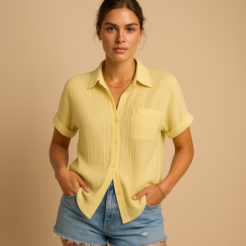 Damen Linen-Look Kurzarm Hemdbluse mit Brusttasche - Yellow