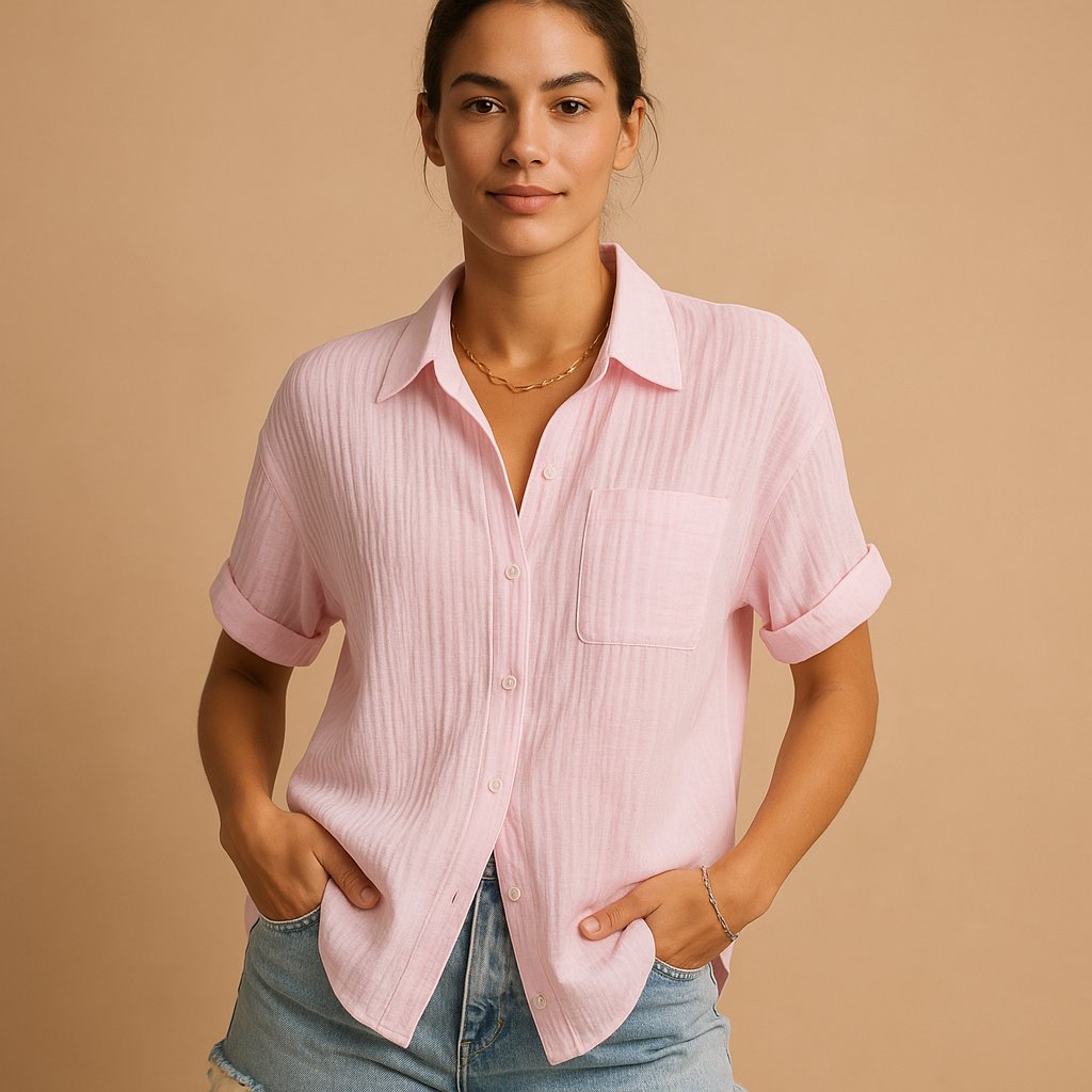 Damen Linen-Look Kurzarm Hemdbluse mit Brusttasche - Pink