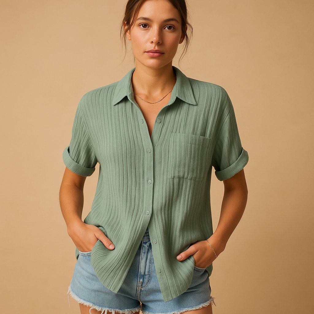 Damen Linen-Look Kurzarm Hemdbluse mit Brusttasche - Green