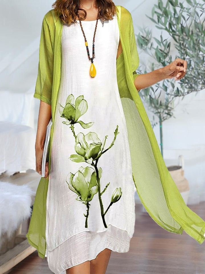 Damen Linen Midi Kleid mit Chiffon Cardigan Set - Light Green