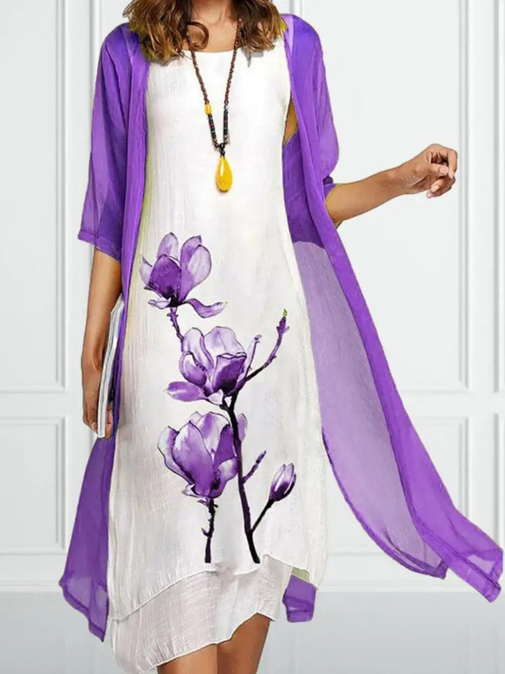 Damen Linen Midi Kleid mit Chiffon Cardigan Set - Purple