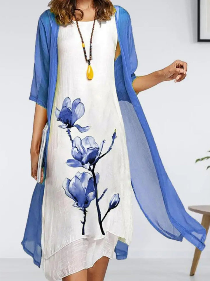 Damen Linen Midi Kleid mit Chiffon Cardigan Set - Blue