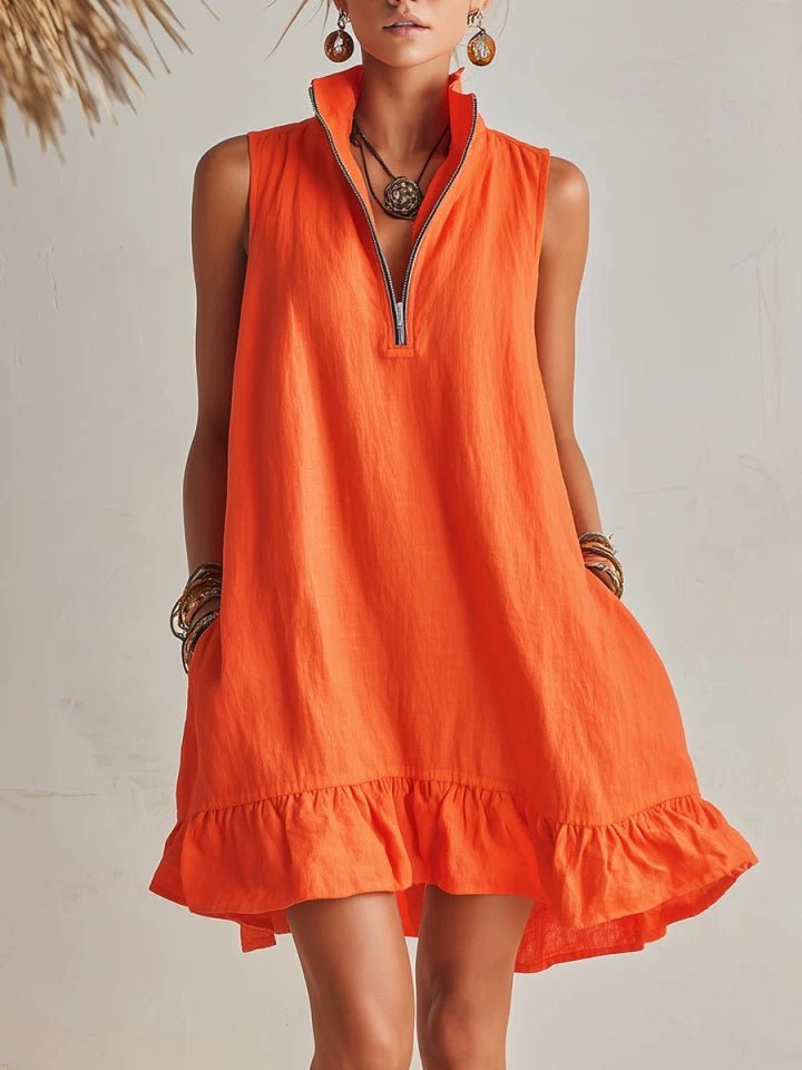 Damen Linen Stehkragen Reißverschluss Rüschen Mini Kleid - Orange