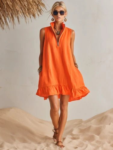 Damen Linen Stehkragen Reißverschluss Rüschen Mini Kleid