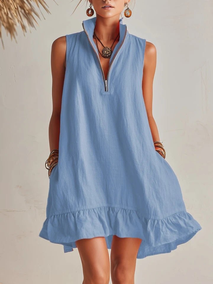 Damen Linen Stehkragen Reißverschluss Rüschen Mini Kleid - Blau