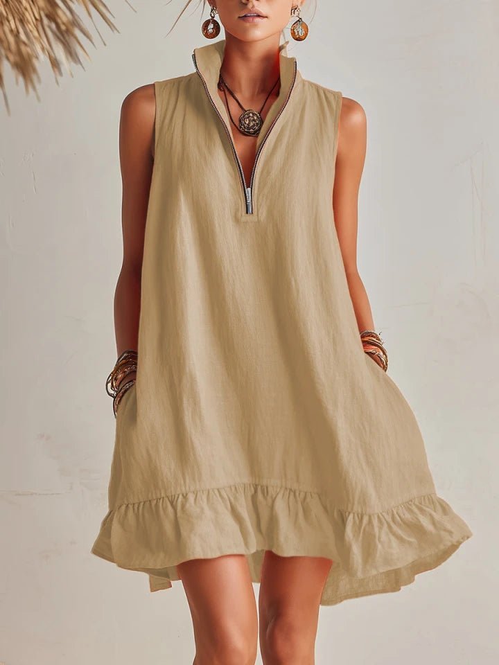 Damen Linen Stehkragen Reißverschluss Rüschen Mini Kleid - Helles Khaki