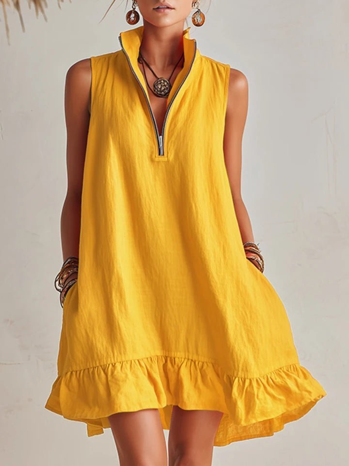 Damen Linen Stehkragen Reißverschluss Rüschen Mini Kleid - Gelb