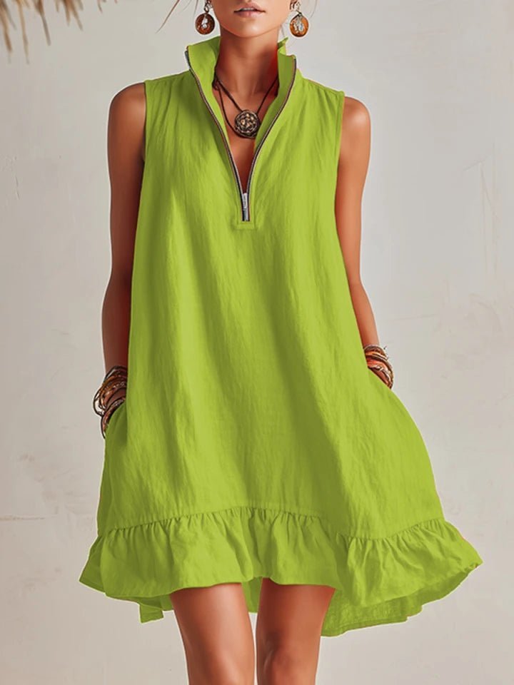 Damen Linen Stehkragen Reißverschluss Rüschen Mini Kleid - Grün