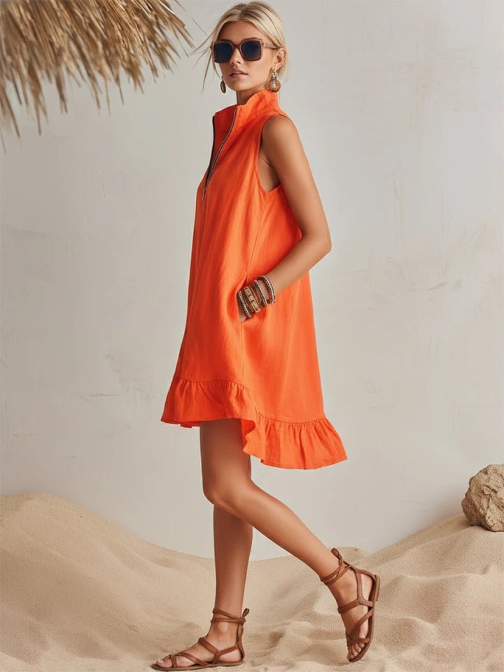 Damen Linen Stehkragen Reißverschluss Rüschen Mini Kleid