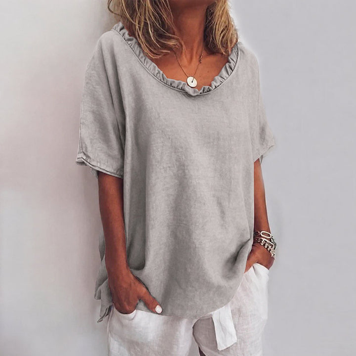 Damen Lockere Kurzarm-Bluse mit Rüschenausschnitt - Gray