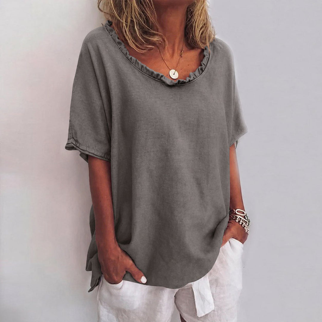 Damen Lockere Kurzarm-Bluse mit Rüschenausschnitt - Dark Gray