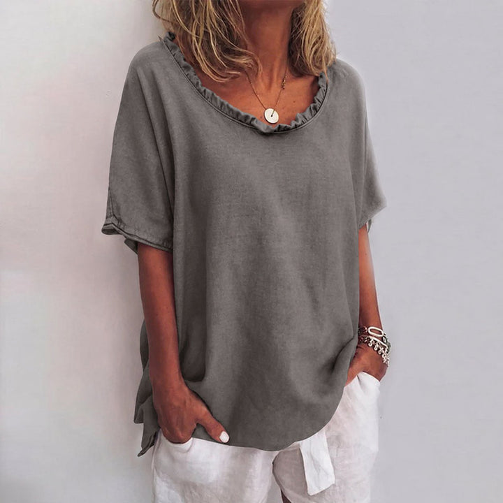 Damen Lockere Kurzarm-Bluse mit Rüschenausschnitt - Dark Gray