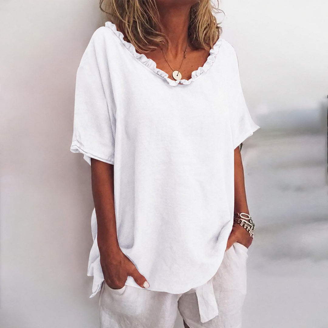 Damen Lockere Kurzarm-Bluse mit Rüschenausschnitt - White