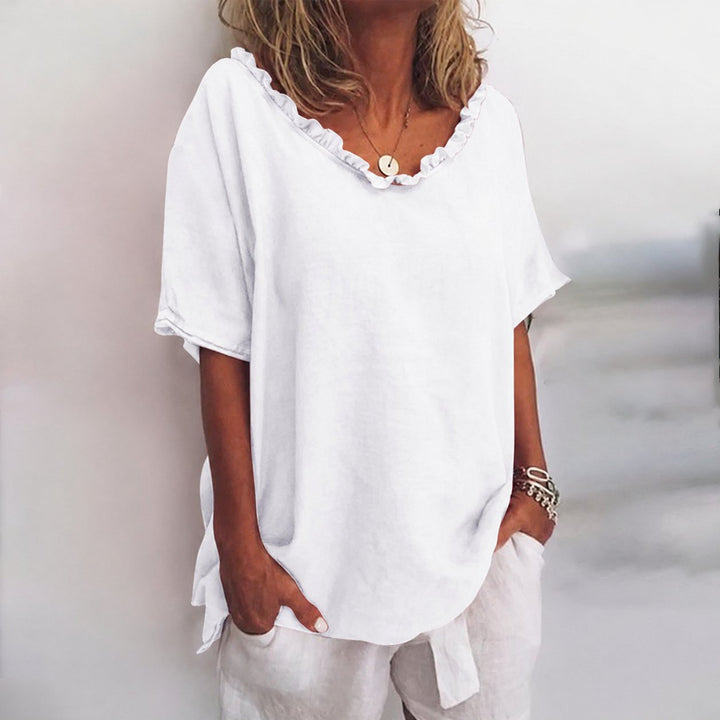 Damen Lockere Kurzarm-Bluse mit Rüschenausschnitt - White