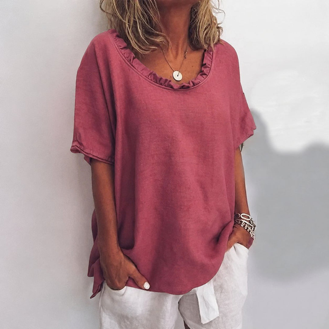 Damen Lockere Kurzarm-Bluse mit Rüschenausschnitt - Dark Pink