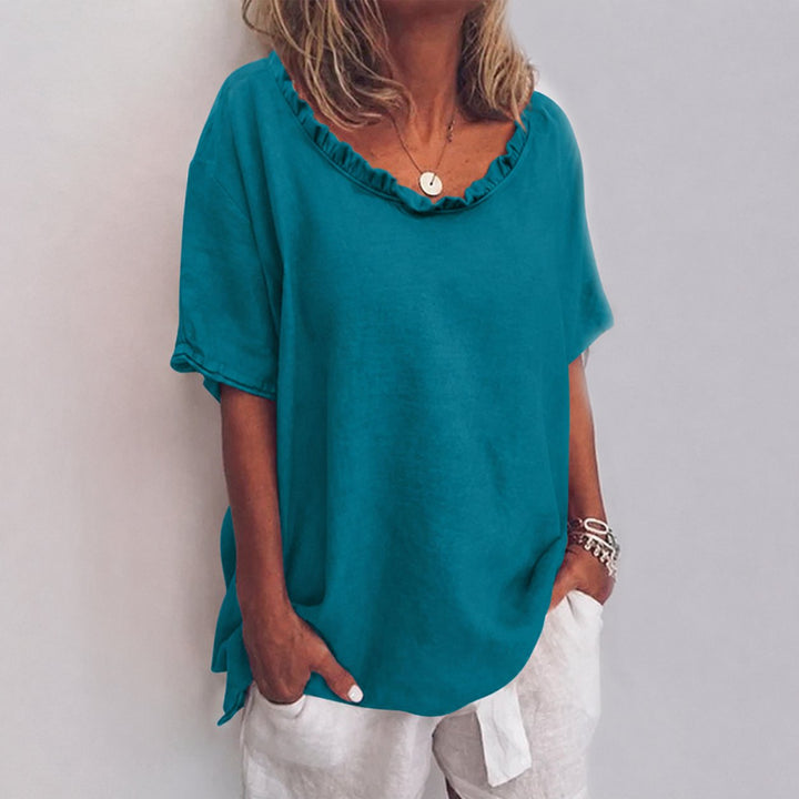 Damen Lockere Kurzarm-Bluse mit Rüschenausschnitt - Sea Blue