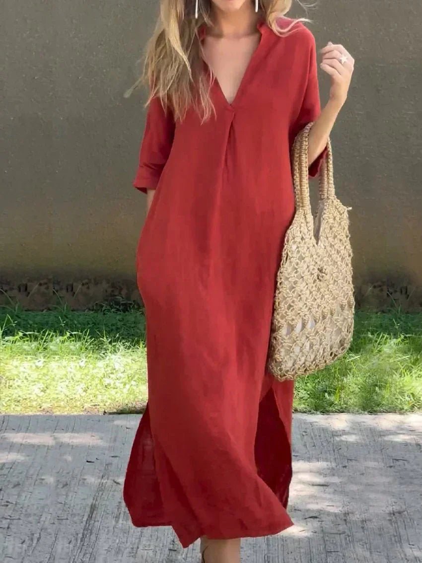 Damen Lockeres Maxi-Sommerkleid mit V-Ausschnitt und 3/4-Ärmeln - Red (Almost sold out)