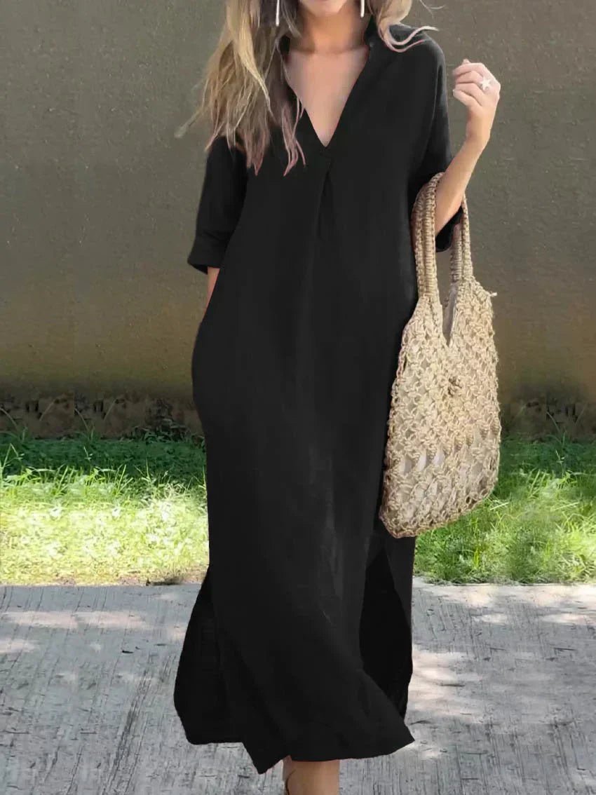 Damen Lockeres Maxi-Sommerkleid mit V-Ausschnitt und 3/4-Ärmeln - Black (Almost sold out)