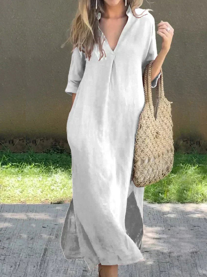 Damen Lockeres Maxi-Sommerkleid mit V-Ausschnitt und 3/4-Ärmeln - White