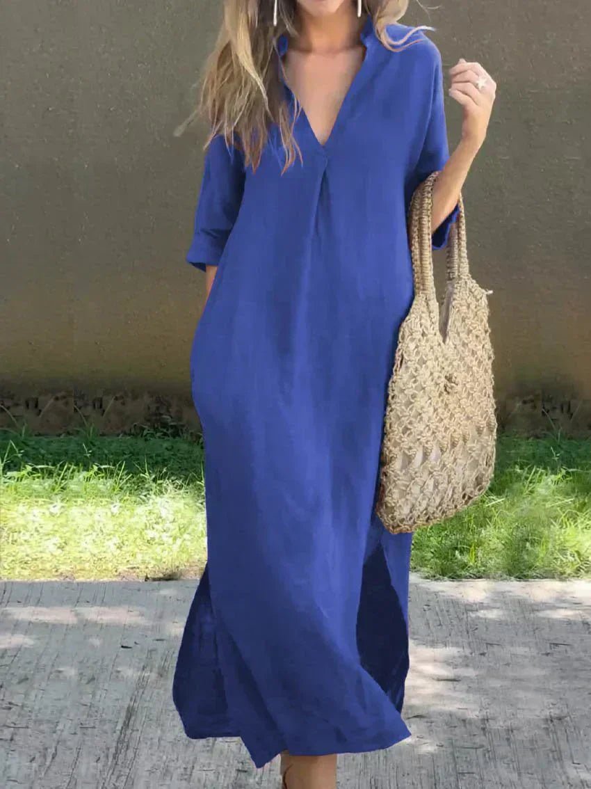 Damen Lockeres Maxi-Sommerkleid mit V-Ausschnitt und 3/4-Ärmeln - Blue