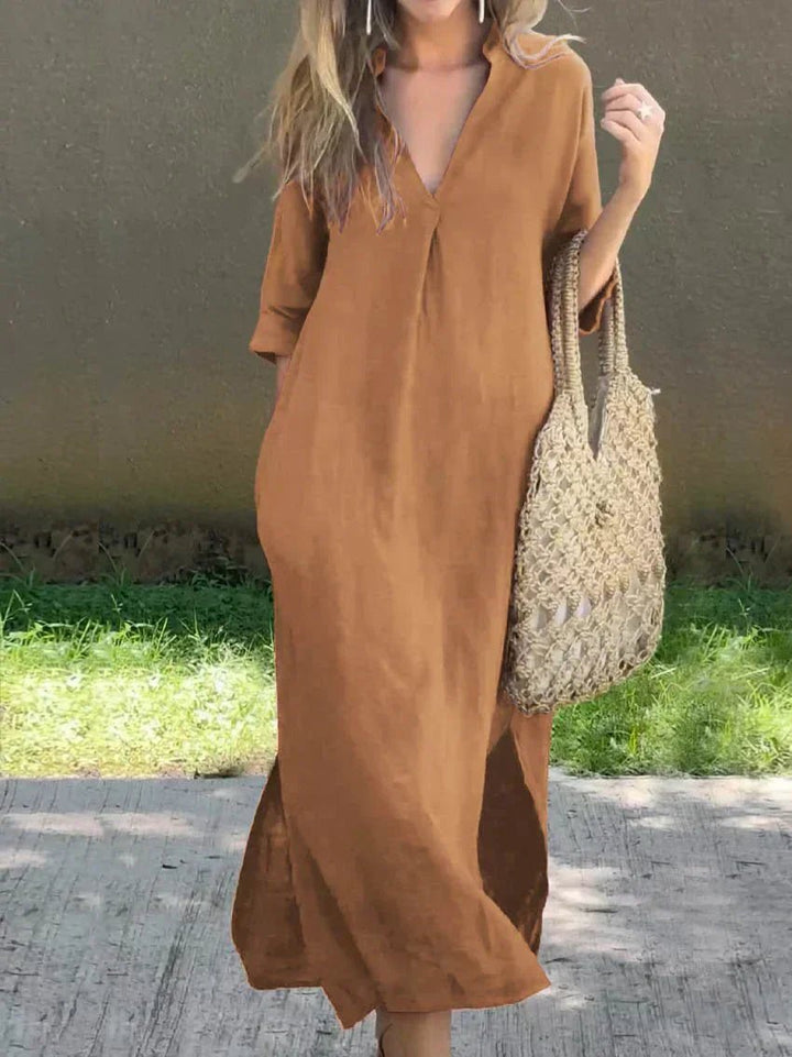 Damen Lockeres Maxi-Sommerkleid mit V-Ausschnitt und 3/4-Ärmeln - Brown