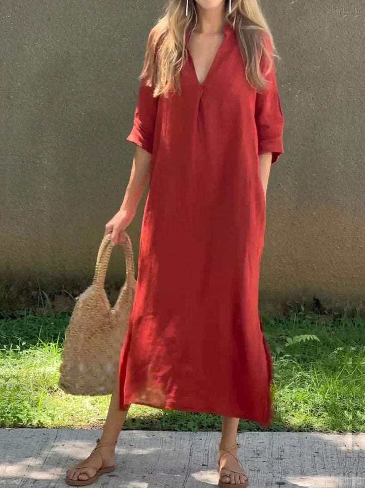 Damen Lockeres Maxi-Sommerkleid mit V-Ausschnitt und 3/4-Ärmeln