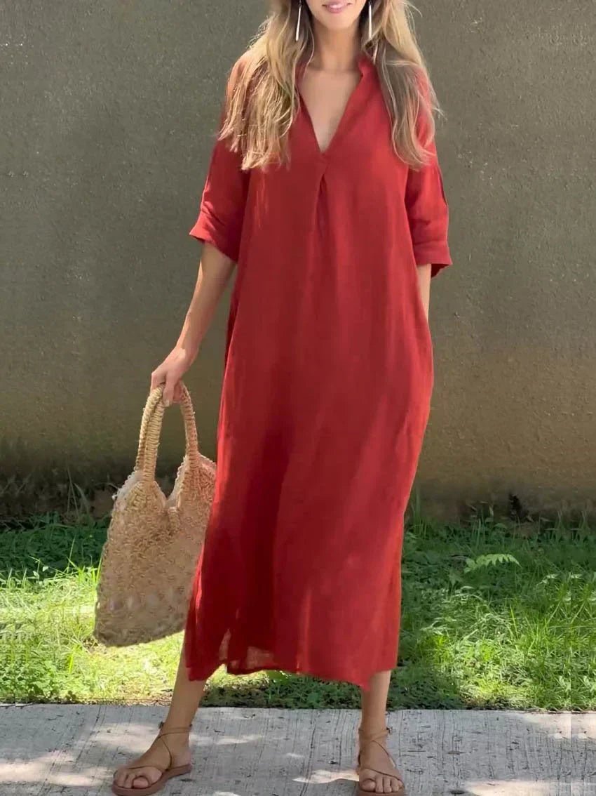 Damen Lockeres Maxi-Sommerkleid mit V-Ausschnitt und 3/4-Ärmeln