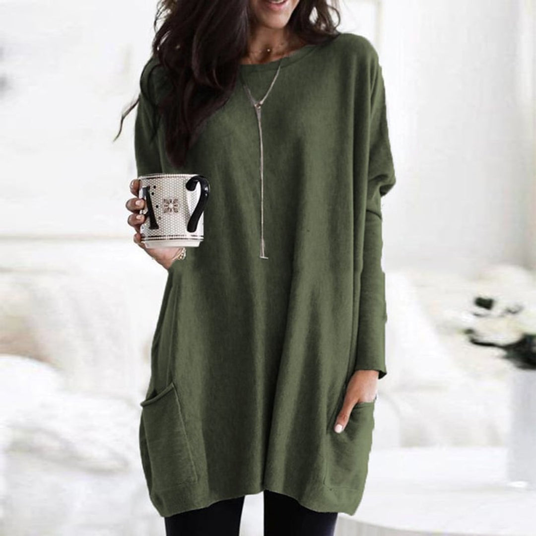 Damen Longpullover Oversized Rundhals Tunika mit Taschen - Dunkelgrün