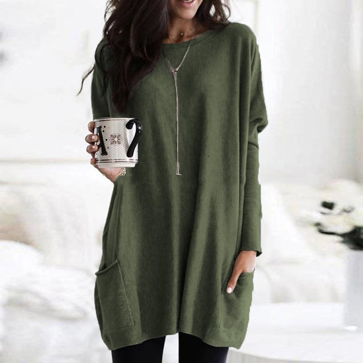 Damen Longpullover Oversized Rundhals Tunika mit Taschen - Dunkelgrün