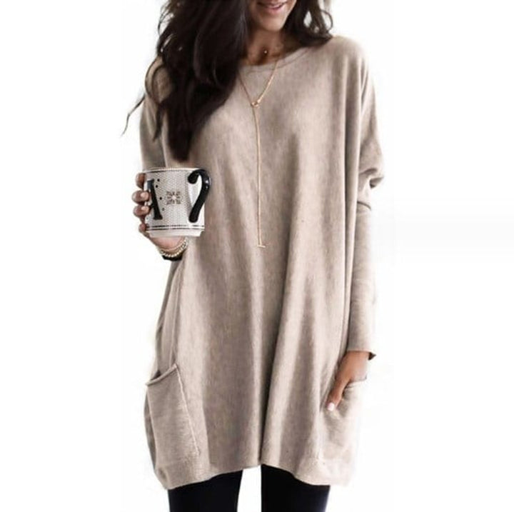 Damen Longpullover Oversized Rundhals Tunika mit Taschen - Beige