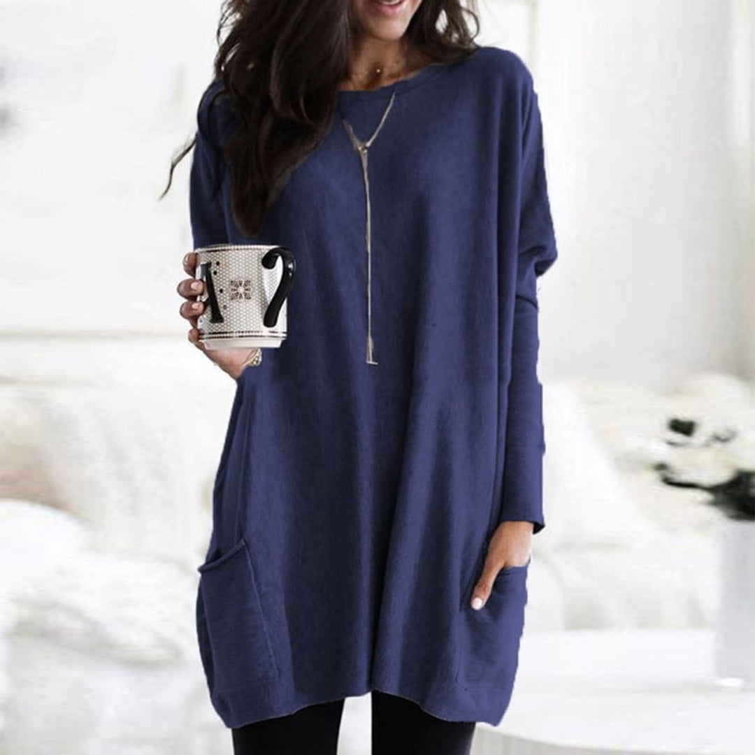 Damen Longpullover Oversized Rundhals Tunika mit Taschen - Blau
