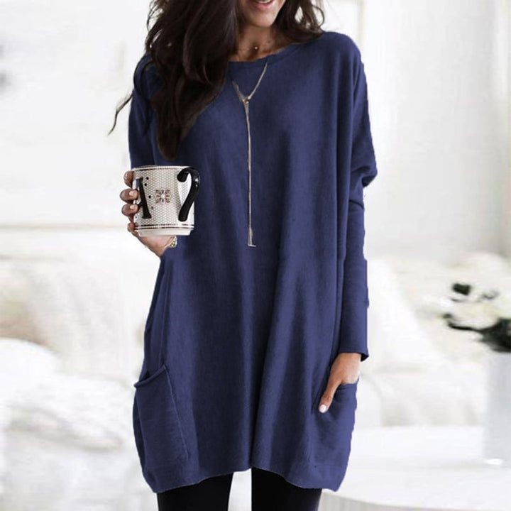 Damen Longpullover Oversized Rundhals Tunika mit Taschen - Blau