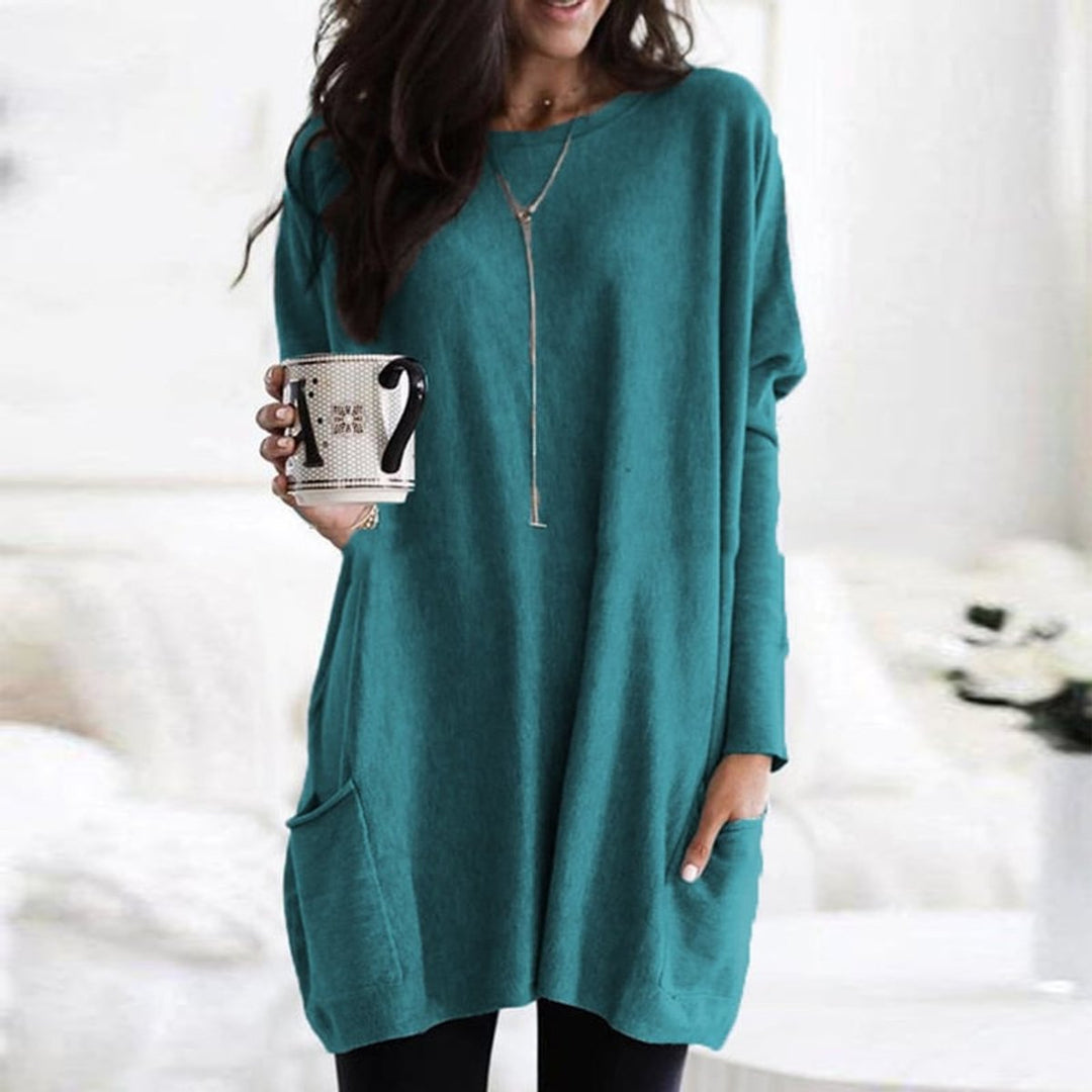 Damen Longpullover Oversized Rundhals Tunika mit Taschen - Hellgrün