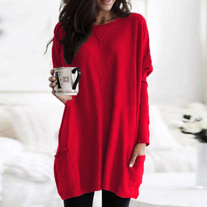 Damen Longpullover Oversized Rundhals Tunika mit Taschen - Rot