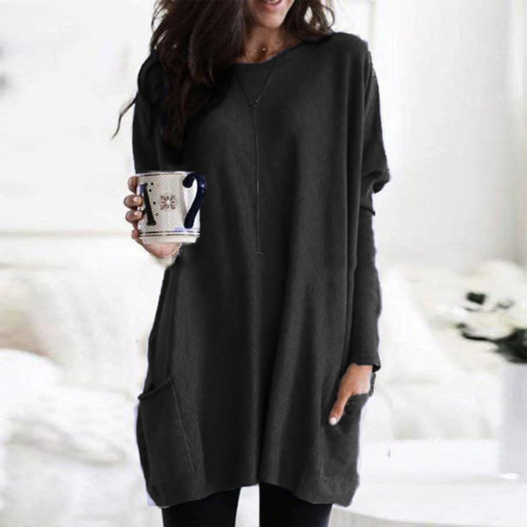 Damen Longpullover Oversized Rundhals Tunika mit Taschen - Schwarz
