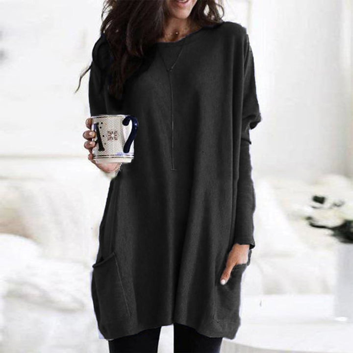 Damen Longpullover Oversized Rundhals Tunika mit Taschen - Schwarz