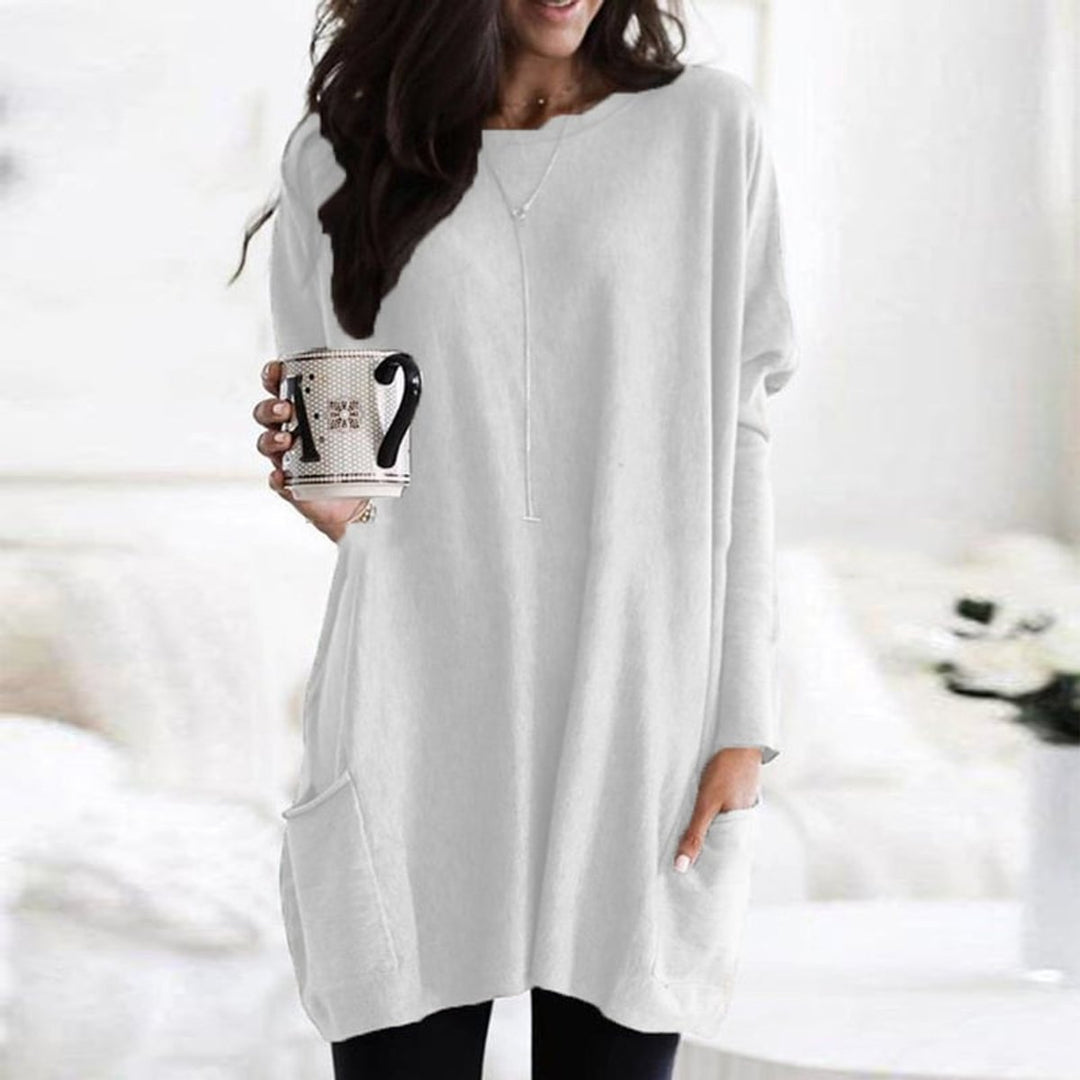 Damen Longpullover Oversized Rundhals Tunika mit Taschen - Weiß
