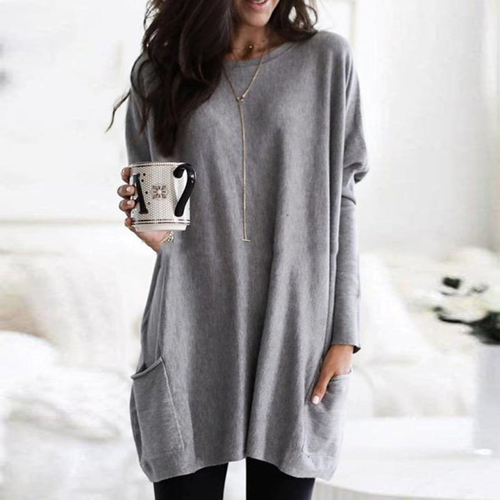 Damen Longpullover Oversized Rundhals Tunika mit Taschen - Grau
